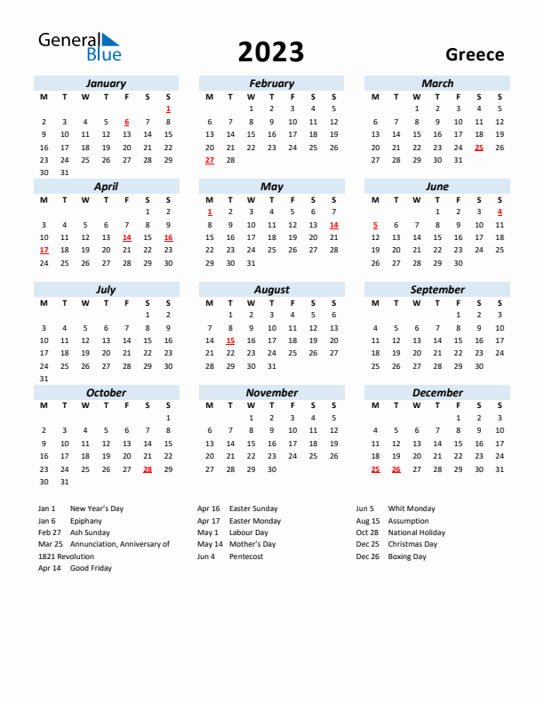 2023 Calendar for Greece with Holidays