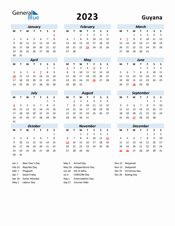 2023 Calendar for Guyana with Holidays