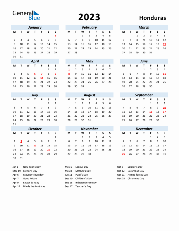 2023 Calendar for Honduras with Holidays