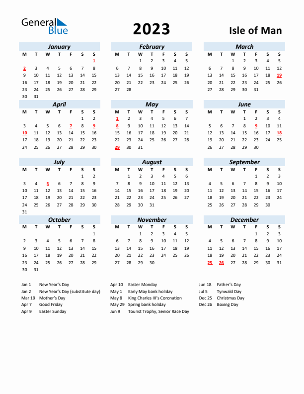 2023 Calendar for Isle of Man with Holidays