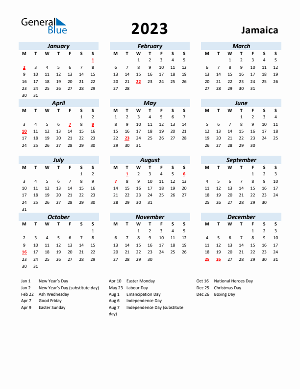 2023 Calendar for Jamaica with Holidays