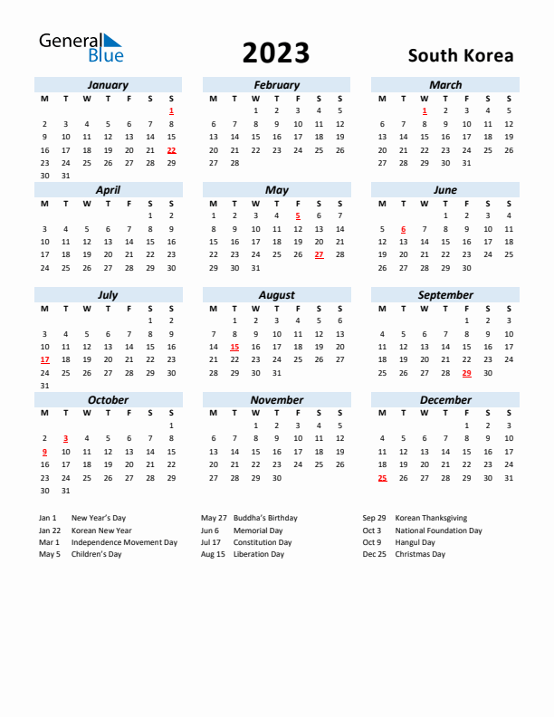 2023 Calendar for South Korea with Holidays