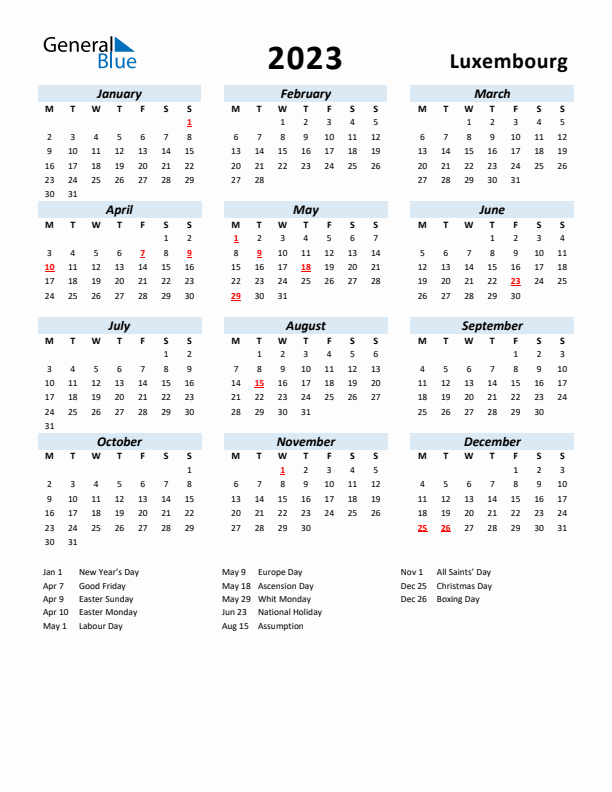 2023 Calendar for Luxembourg with Holidays