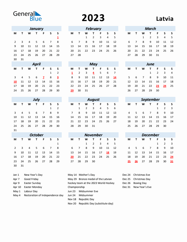 2023 Calendar for Latvia with Holidays