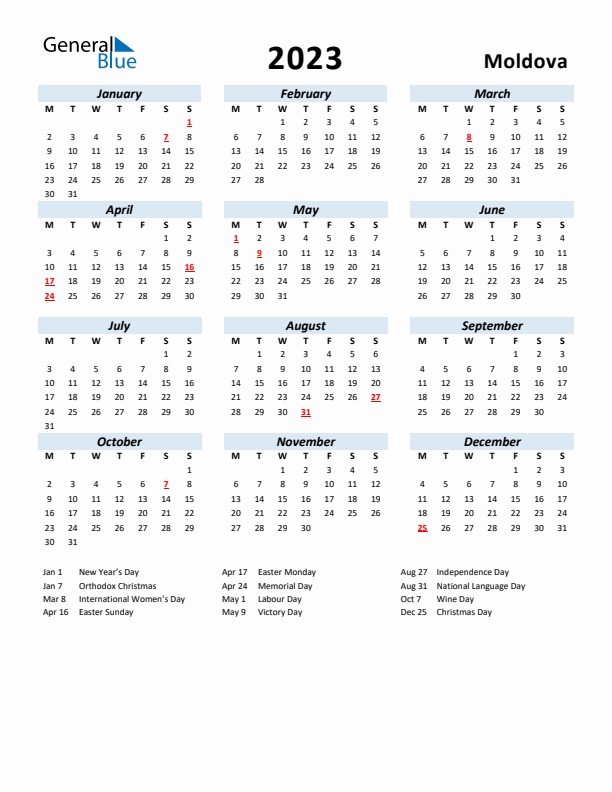 2023 Calendar for Moldova with Holidays