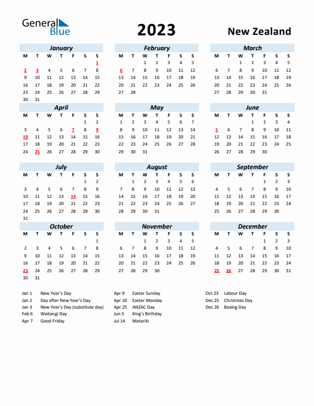 2023 Calendar for New Zealand with Holidays