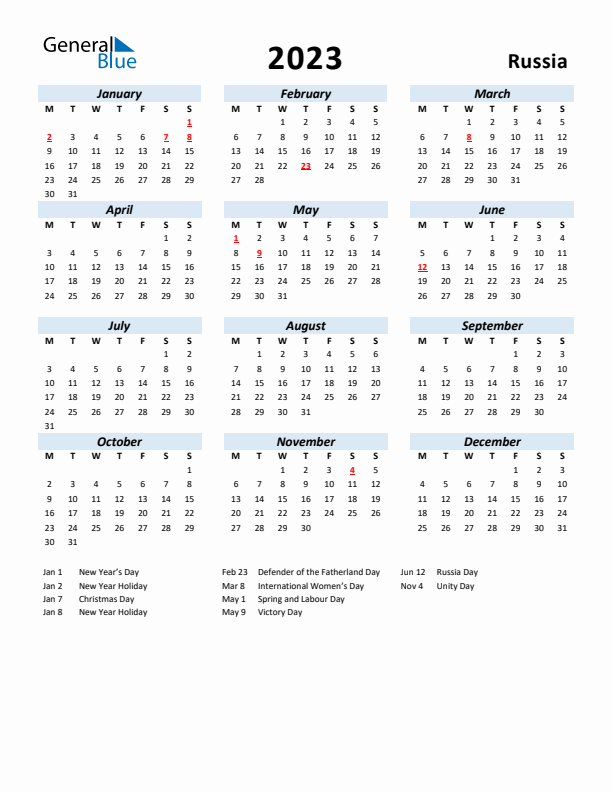 2023 Calendar for Russia with Holidays