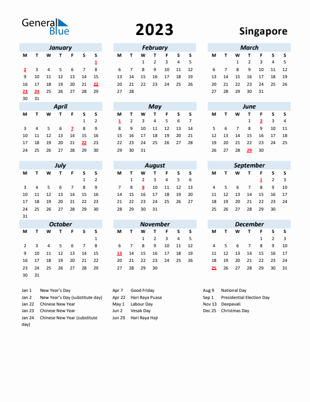 2023 Calendar for Singapore with Holidays