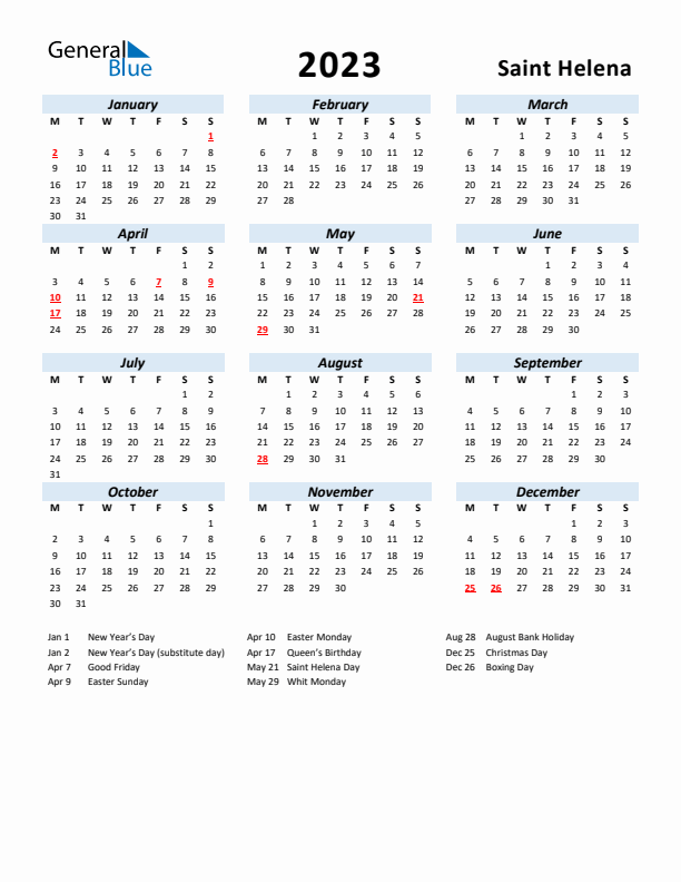 2023 Calendar for Saint Helena with Holidays