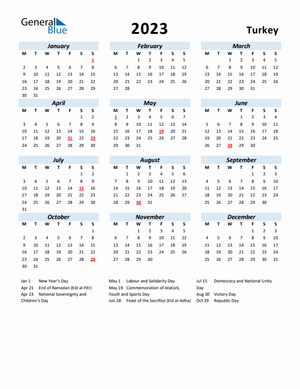 2023 Calendar for Turkey with Holidays