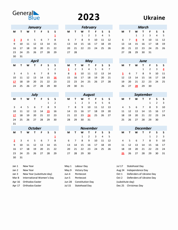 2023 Calendar for Ukraine with Holidays