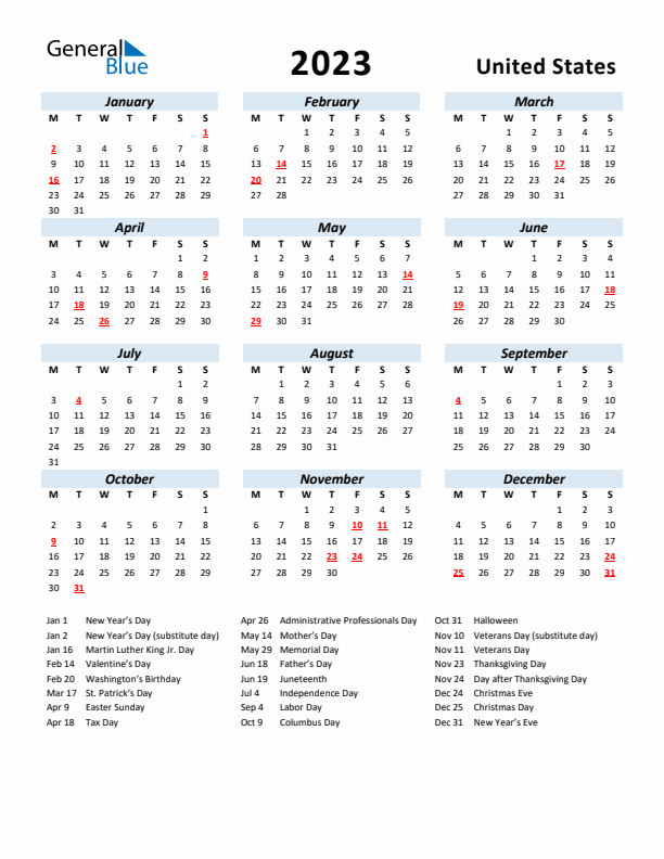 2023 Calendar for United States with Holidays