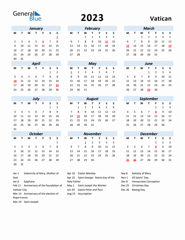 2023 Calendar for Vatican with Holidays