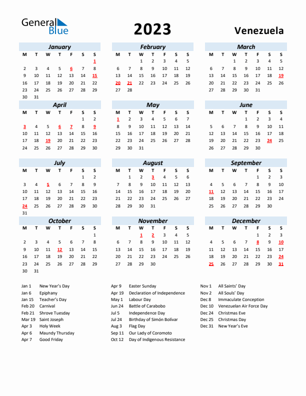 2023 Calendar for Venezuela with Holidays