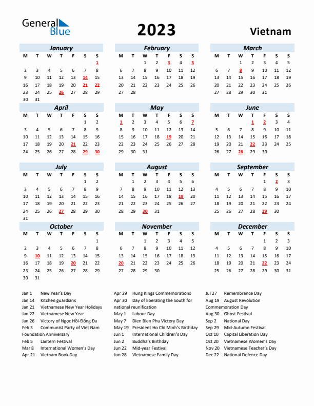 2023 Calendar for Vietnam with Holidays