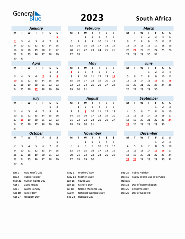 2023 Calendar for South Africa with Holidays