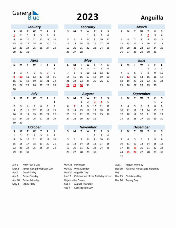 2023 Calendar for Anguilla with Holidays