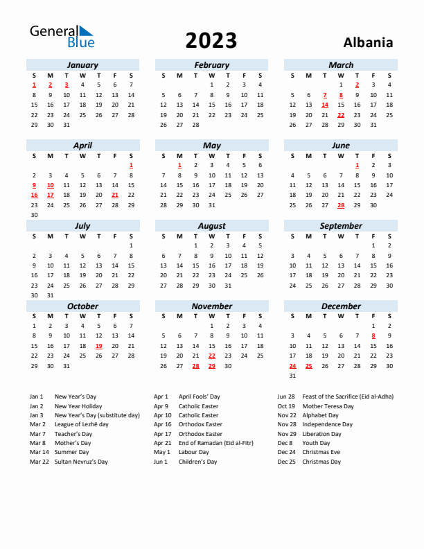 2023 Calendar for Albania with Holidays