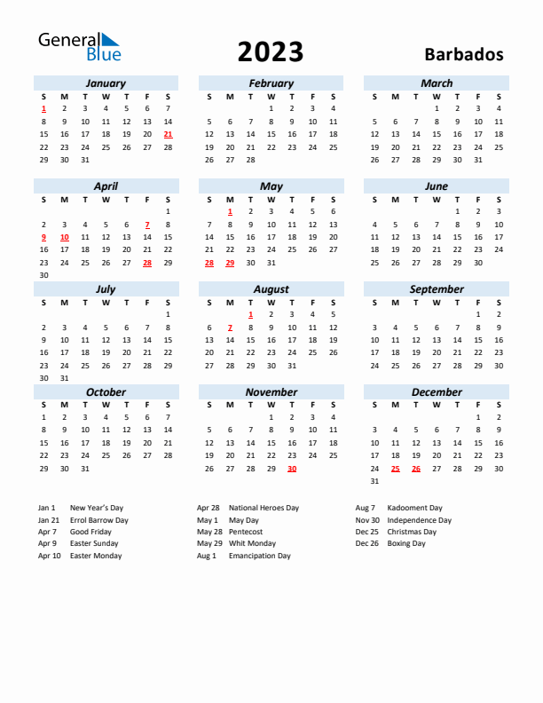 2023 Calendar for Barbados with Holidays