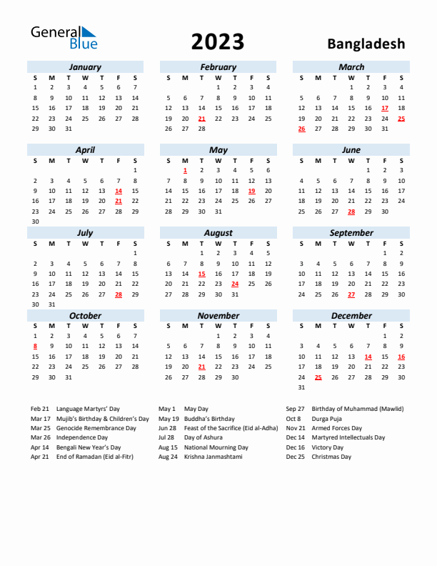 2023 Calendar for Bangladesh with Holidays