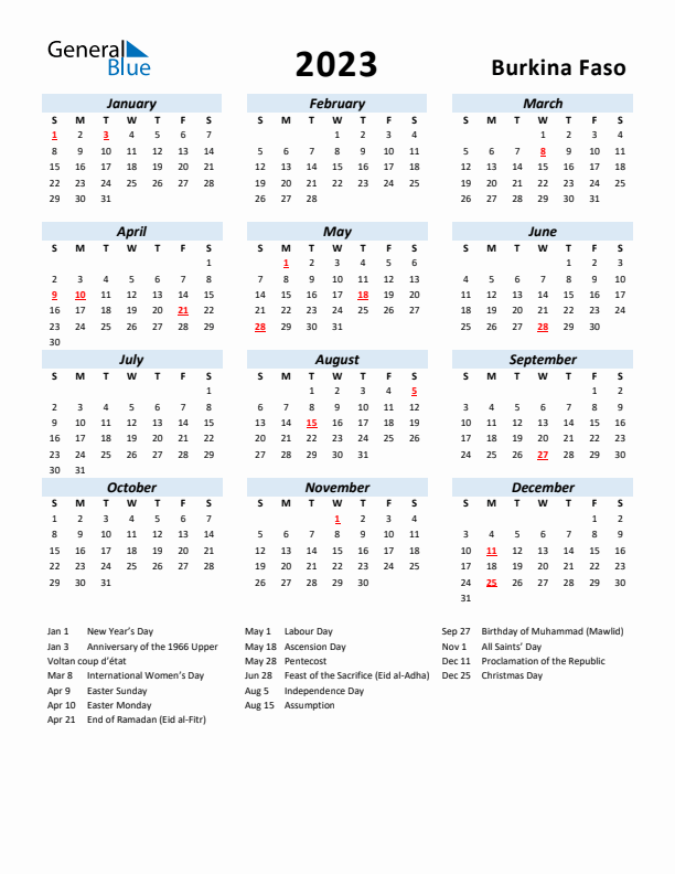 2023 Calendar for Burkina Faso with Holidays