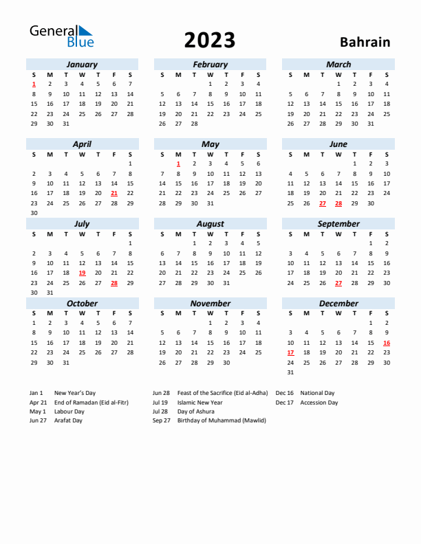 2023 Calendar for Bahrain with Holidays