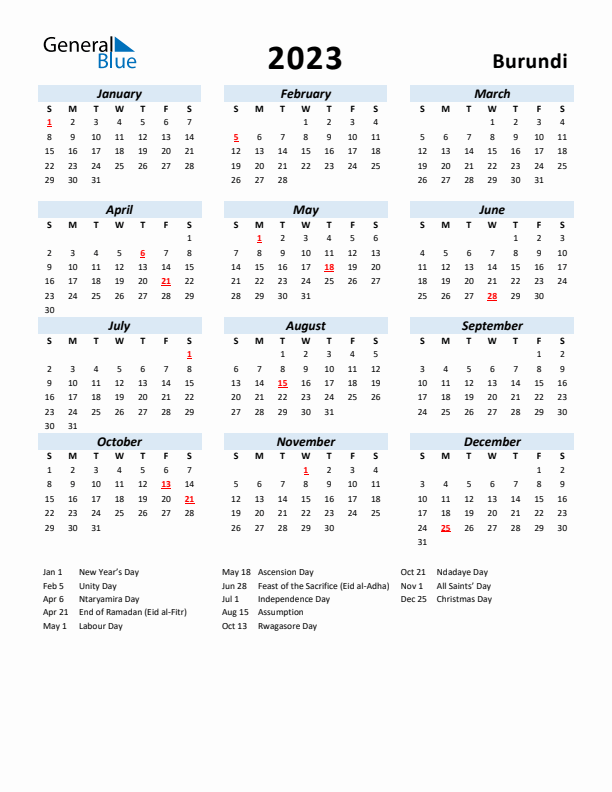 2023 Calendar for Burundi with Holidays