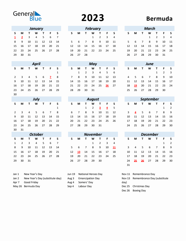 2023 Calendar for Bermuda with Holidays