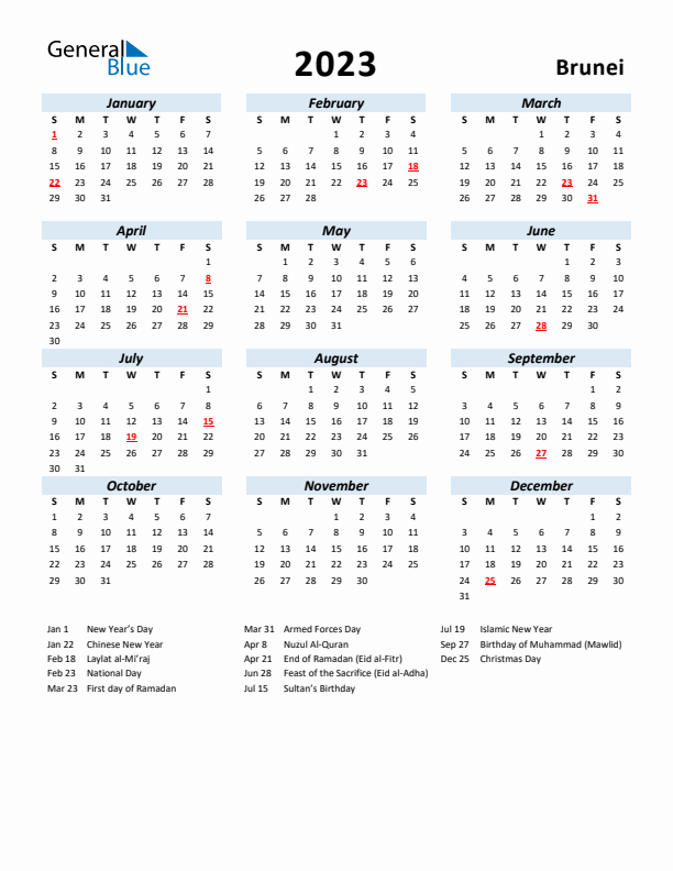 2023 Calendar for Brunei with Holidays