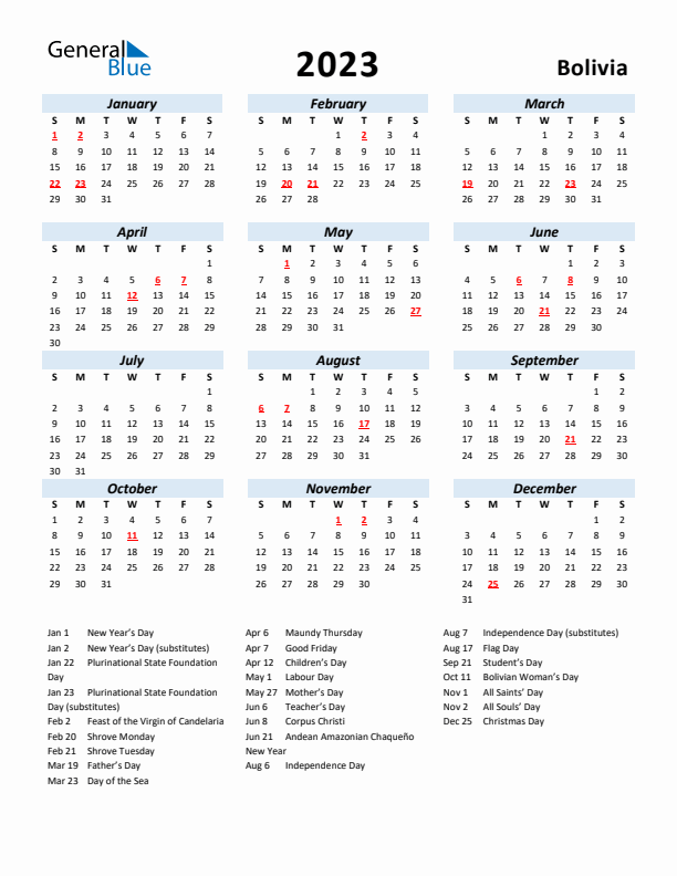 2023 Calendar for Bolivia with Holidays