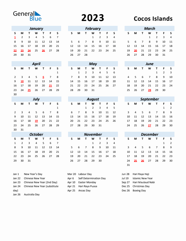 2023 Calendar for Cocos Islands with Holidays