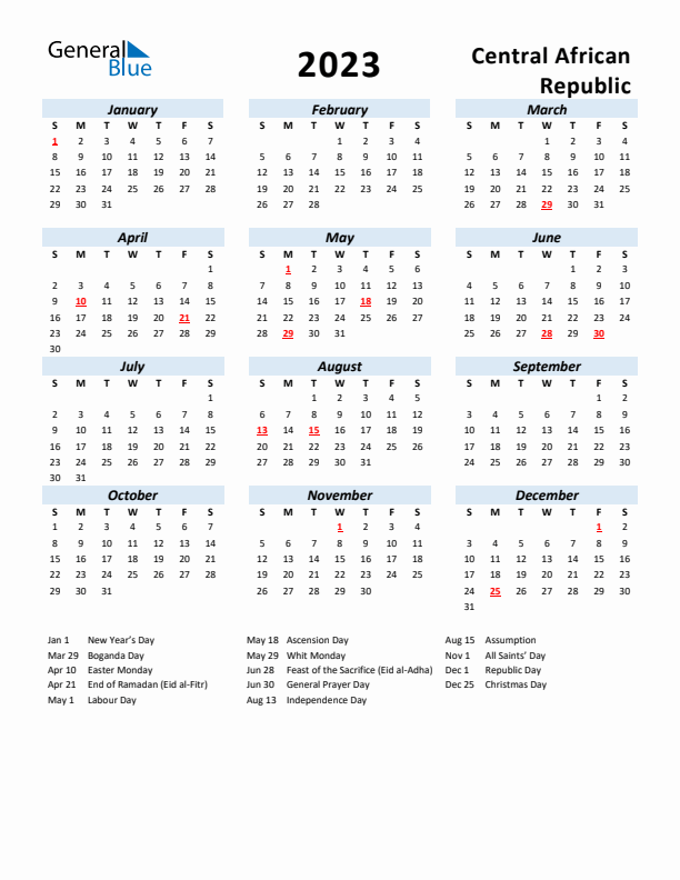 2023 Calendar for Central African Republic with Holidays