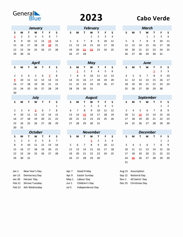 2023 Calendar for Cabo Verde with Holidays