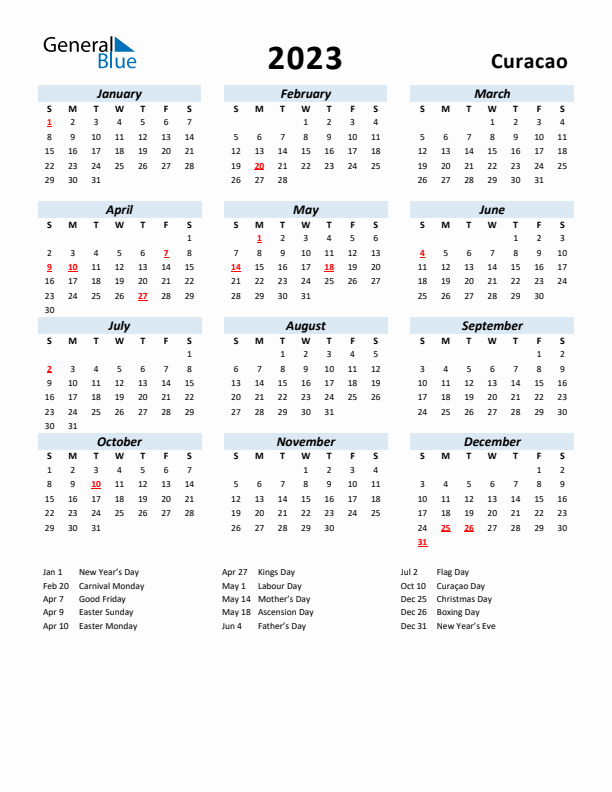 2023 Calendar for Curacao with Holidays