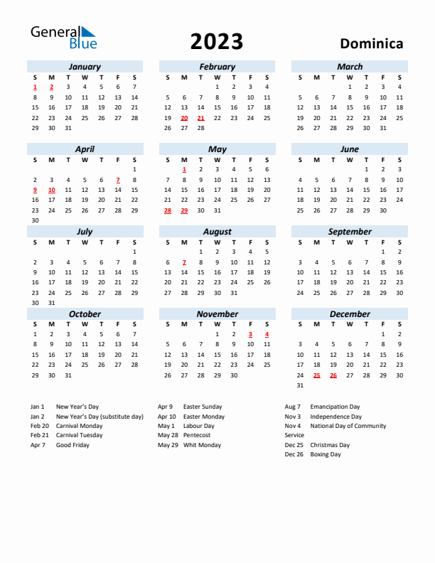 2023 Calendar for Dominica with Holidays