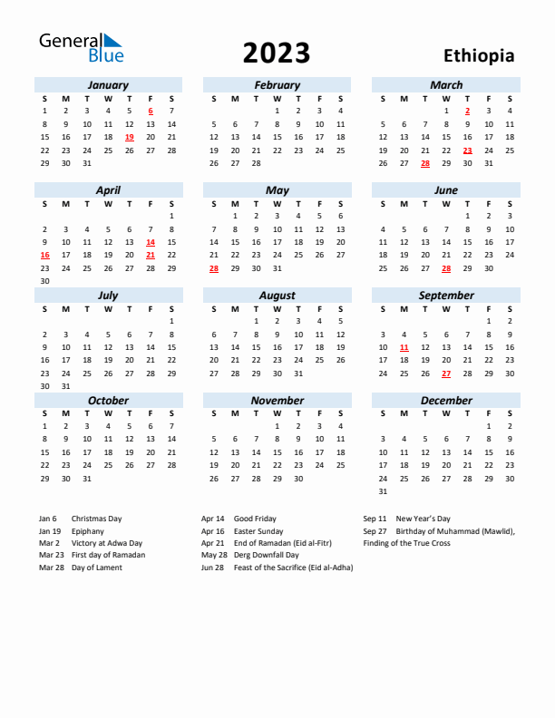 2023 Calendar for Ethiopia with Holidays