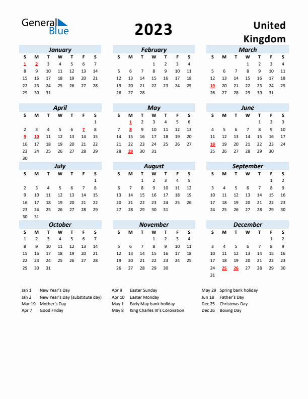 2023 Calendar for United Kingdom with Holidays