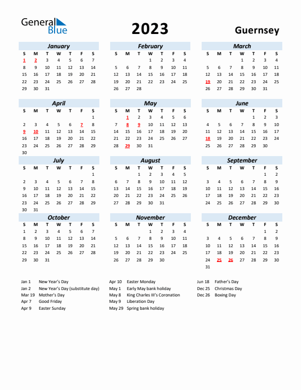 2023 Calendar for Guernsey with Holidays