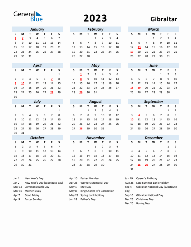 2023 Calendar for Gibraltar with Holidays