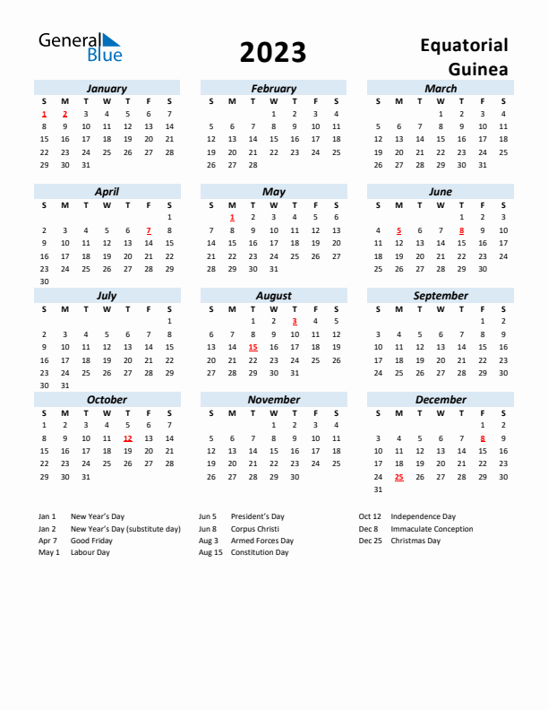 2023 Calendar for Equatorial Guinea with Holidays