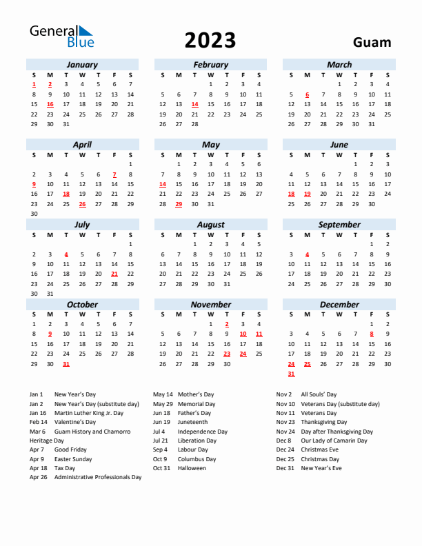 2023 Calendar for Guam with Holidays