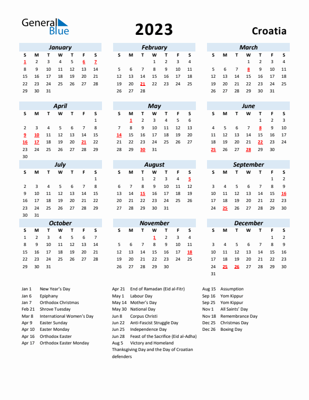 2023 Calendar for Croatia with Holidays