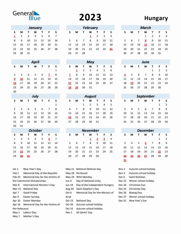 2023 Calendar for Hungary with Holidays