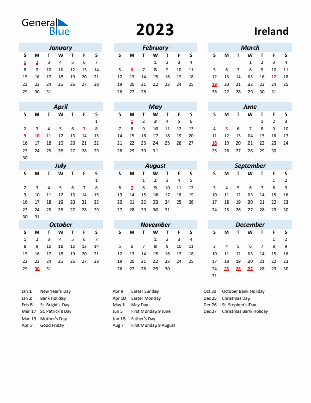 2023 Calendar for Ireland with Holidays