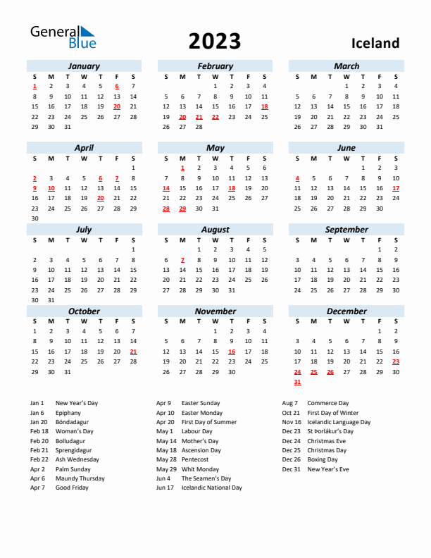 2023 Calendar for Iceland with Holidays