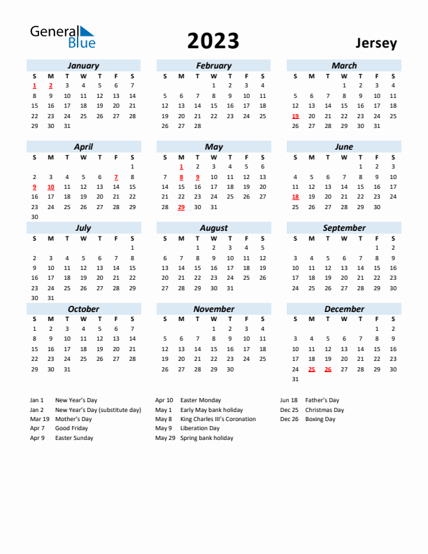 2023 Calendar for Jersey with Holidays