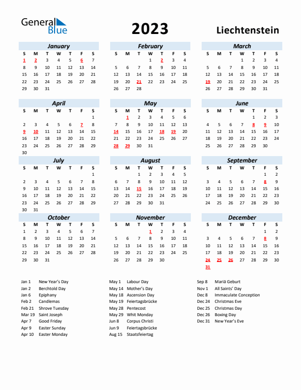 2023 Calendar for Liechtenstein with Holidays