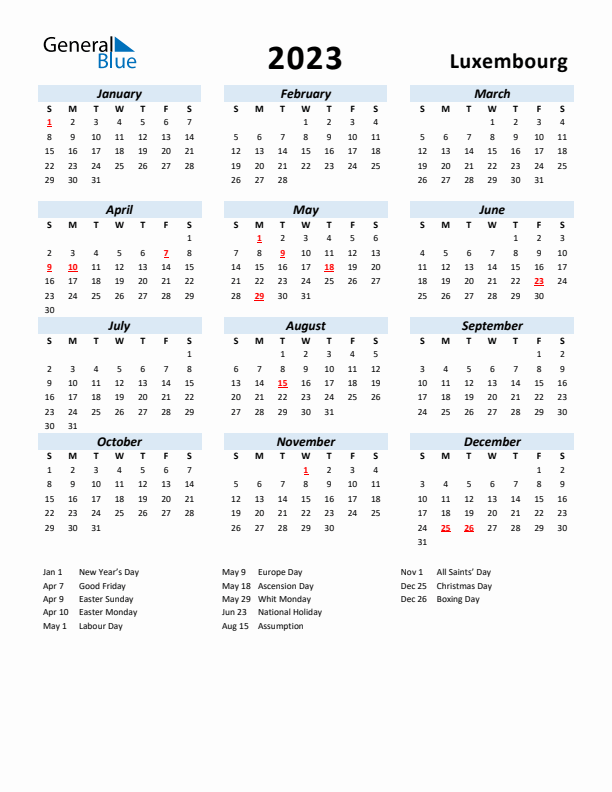 2023 Calendar for Luxembourg with Holidays