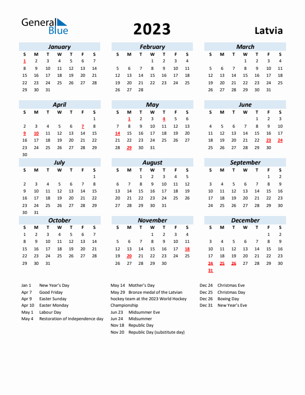 2023 Calendar for Latvia with Holidays