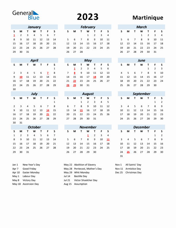 2023 Calendar for Martinique with Holidays